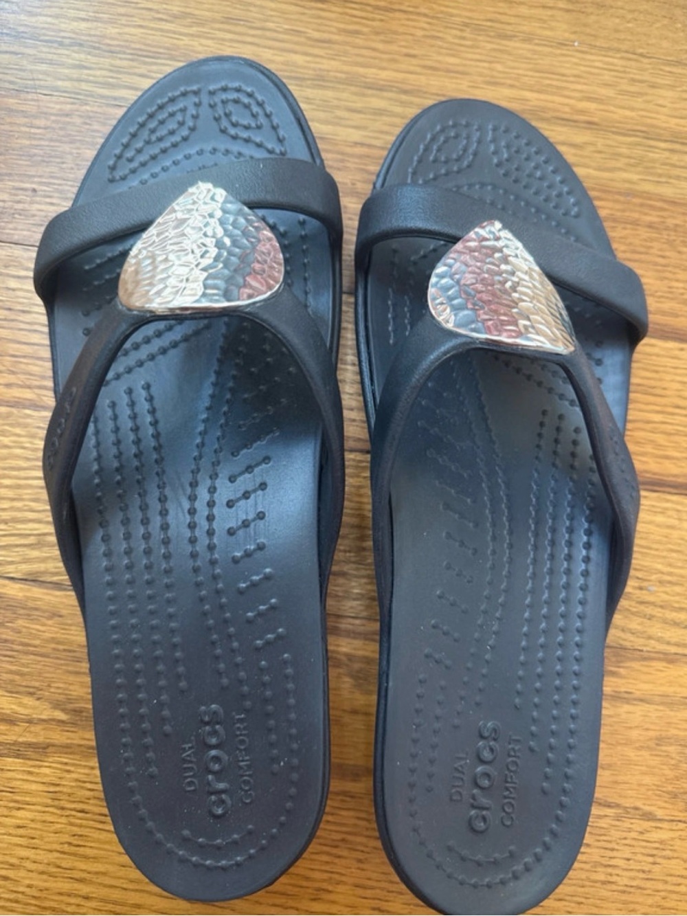 CROCS Black Flip Sandals with Textured Metallic Accent